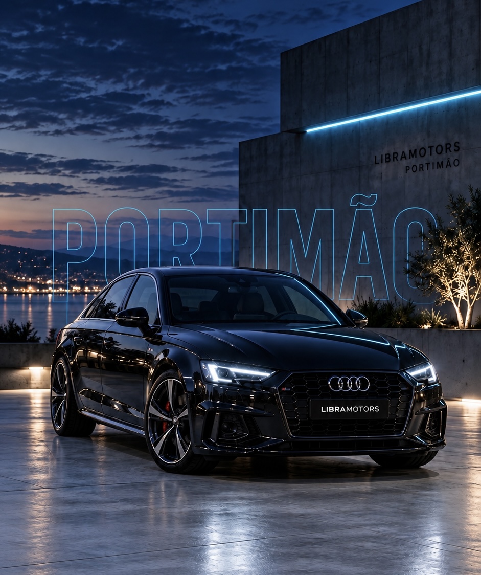 Audi preto junto à marina ao anoitecer